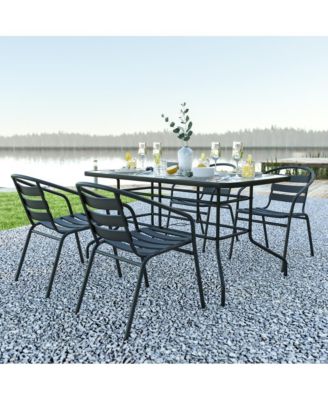 Patio Table & Chairs Set With Rectangular Metal Table With Tempered Glass Top And Stacking Chairs