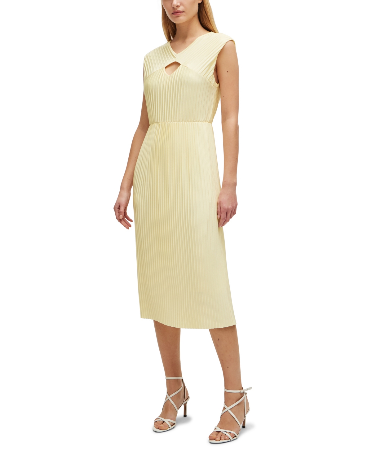 Hugo Boss Sleeveless Dress In High-shine Pliss Fabric In Light Yellow
