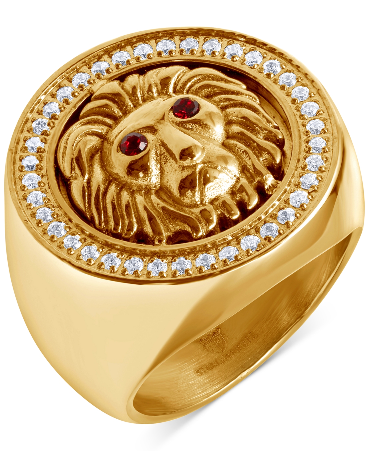 Men's Cubic Zirconia Lion Head Halo Ring in Gold-Tone Ion-Plated Stainless Steel - Gold-Tone