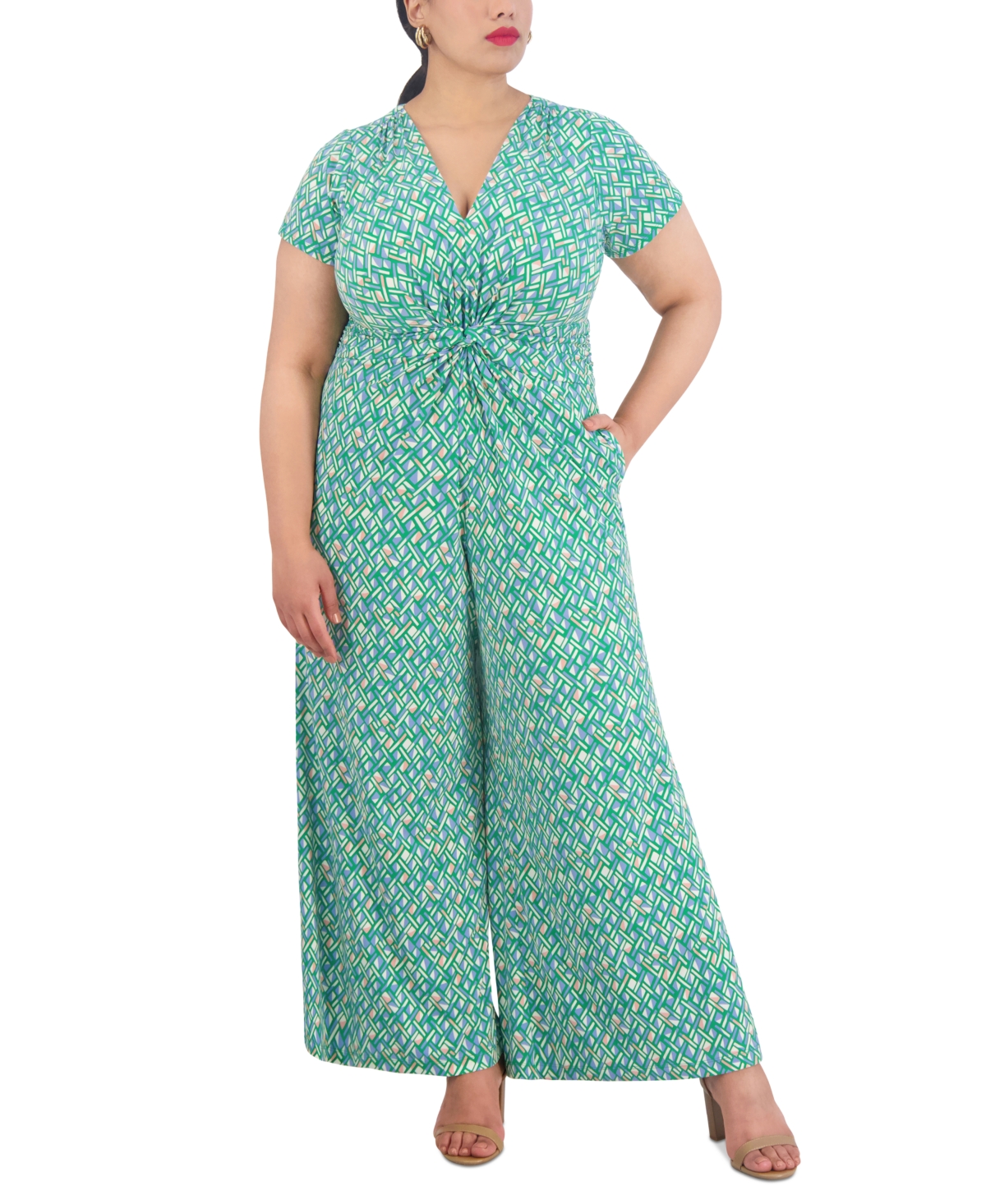 Plus Size Print V-Neck Short-Sleeve Jumpsuit - Green