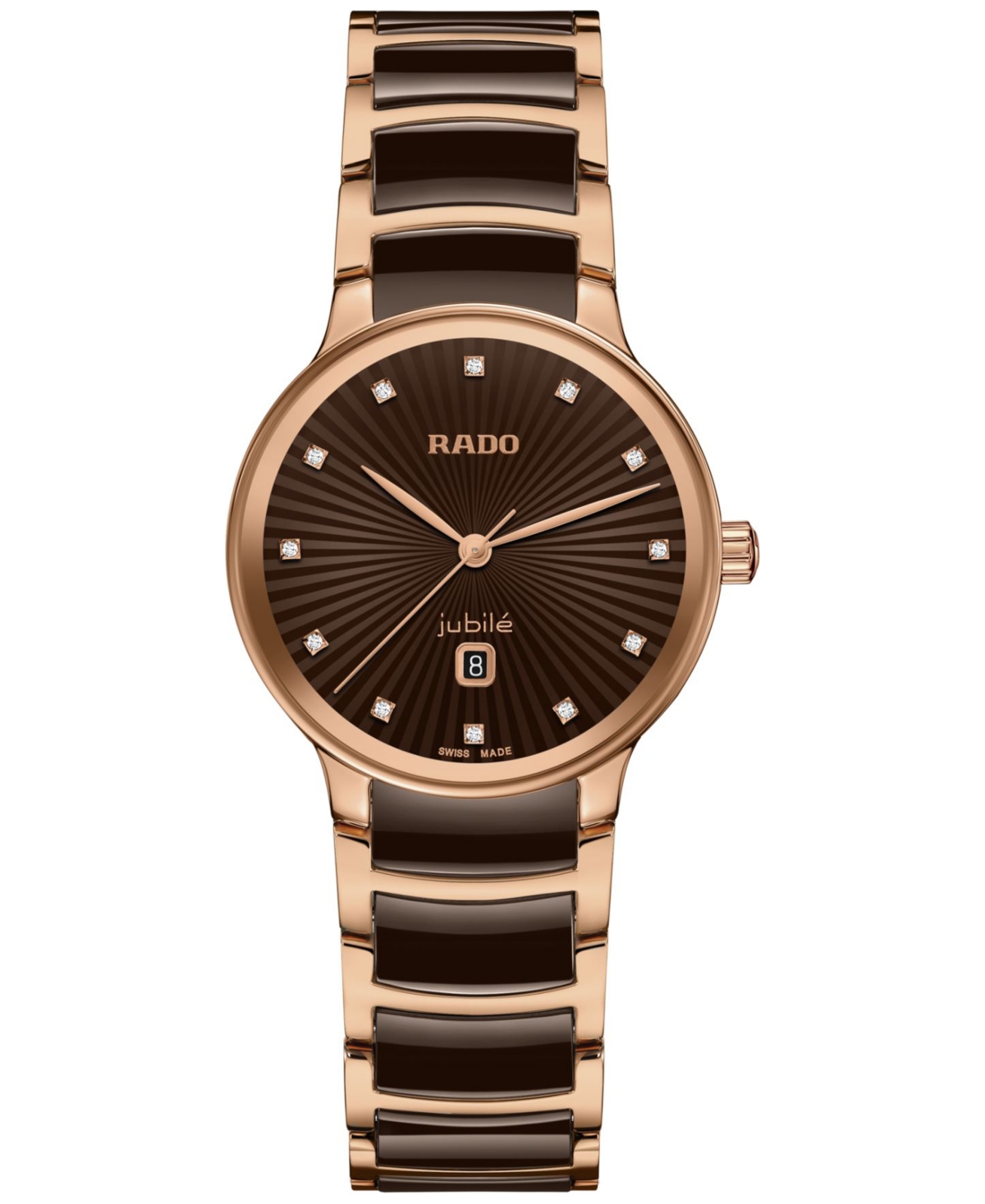 Shop Rado Women's Swiss Centrix Diamond (1/20 Ct. T.w.) Brown Ceramic & Rose Gold Pvd Bracelet Watch 31mm