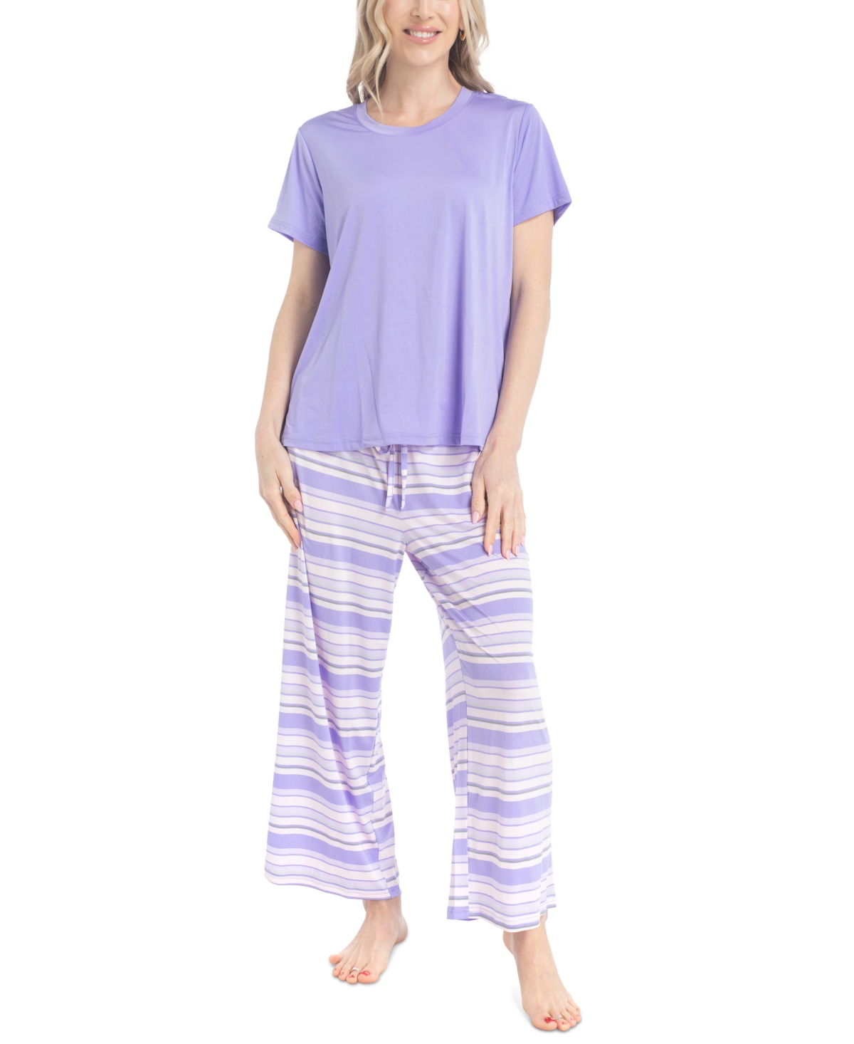 Muk Luks Women's 2-pc. Short-sleeve Pajamas Set In Purple Stripe