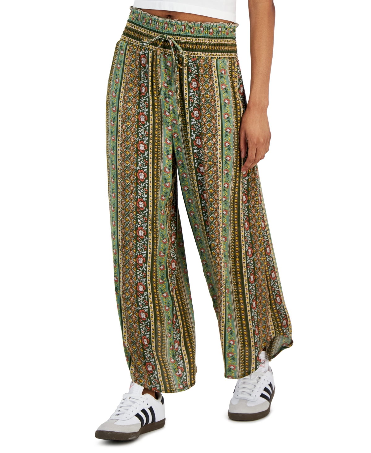 Shop Kingston Grey Juniors' Printed High-rise High-low Hem Gaucho Pants In Olive Multi