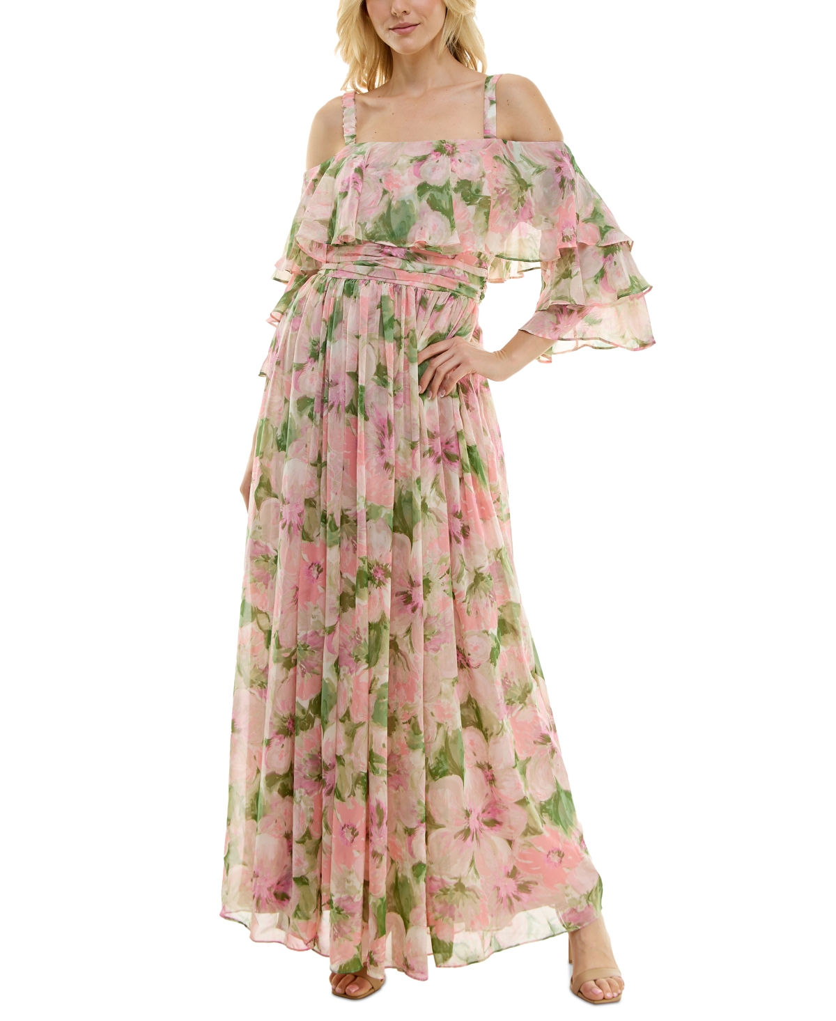 Women's Floral-Print Cold-Shoulder Gown - Cameo Pink