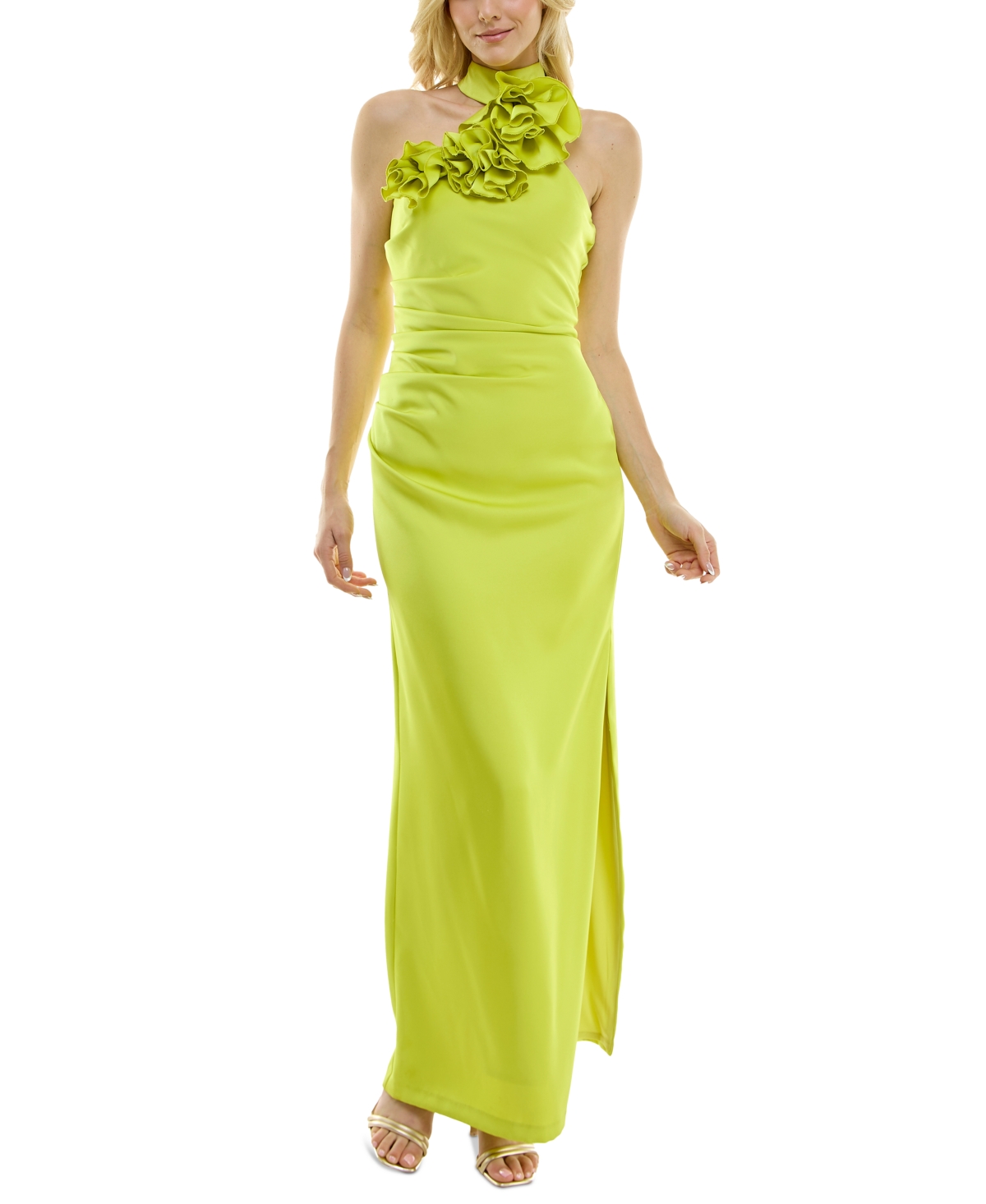 Women's Floral-Trim Halter Gown - Lemon