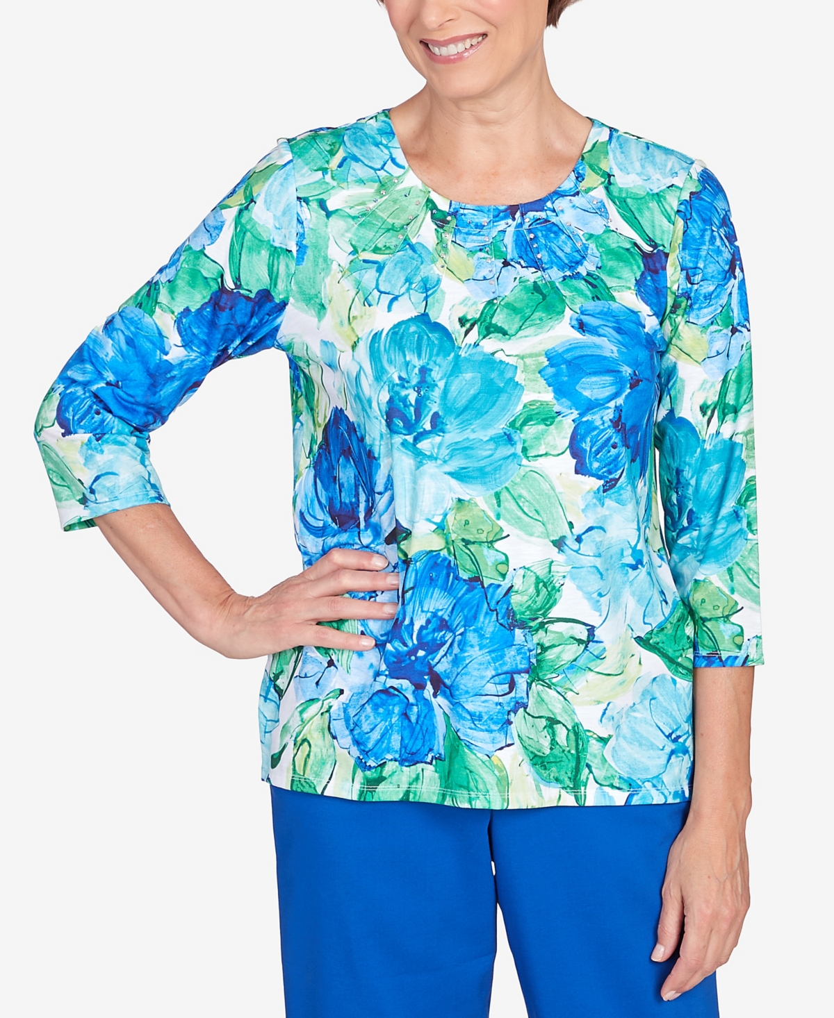 ALFRED DUNNER PETITE TRADEWINDS WATERCOLOR FLOWER PLEATED NECK TOP