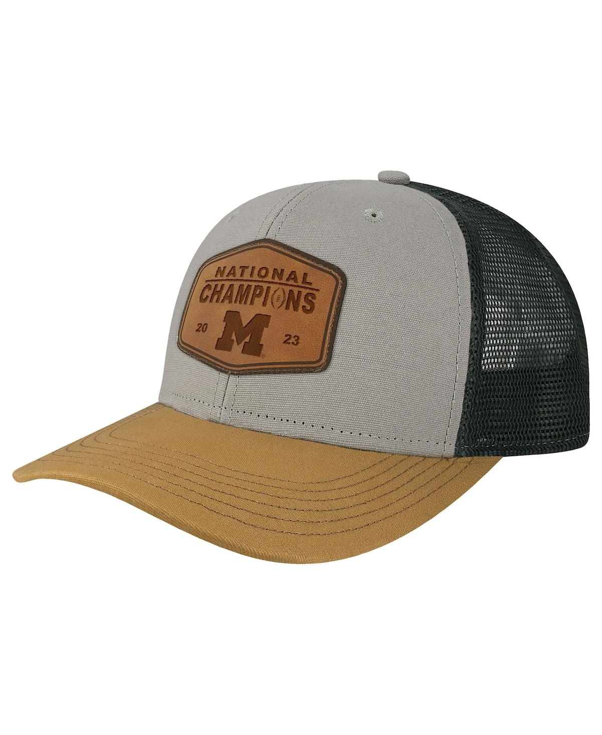 Men's Legacy Athletic Heather Gray, Tan Michigan Wolverines College Football Playoff 2023 National Champions Mid-Pro Leather Trucker Adjustable Hat -