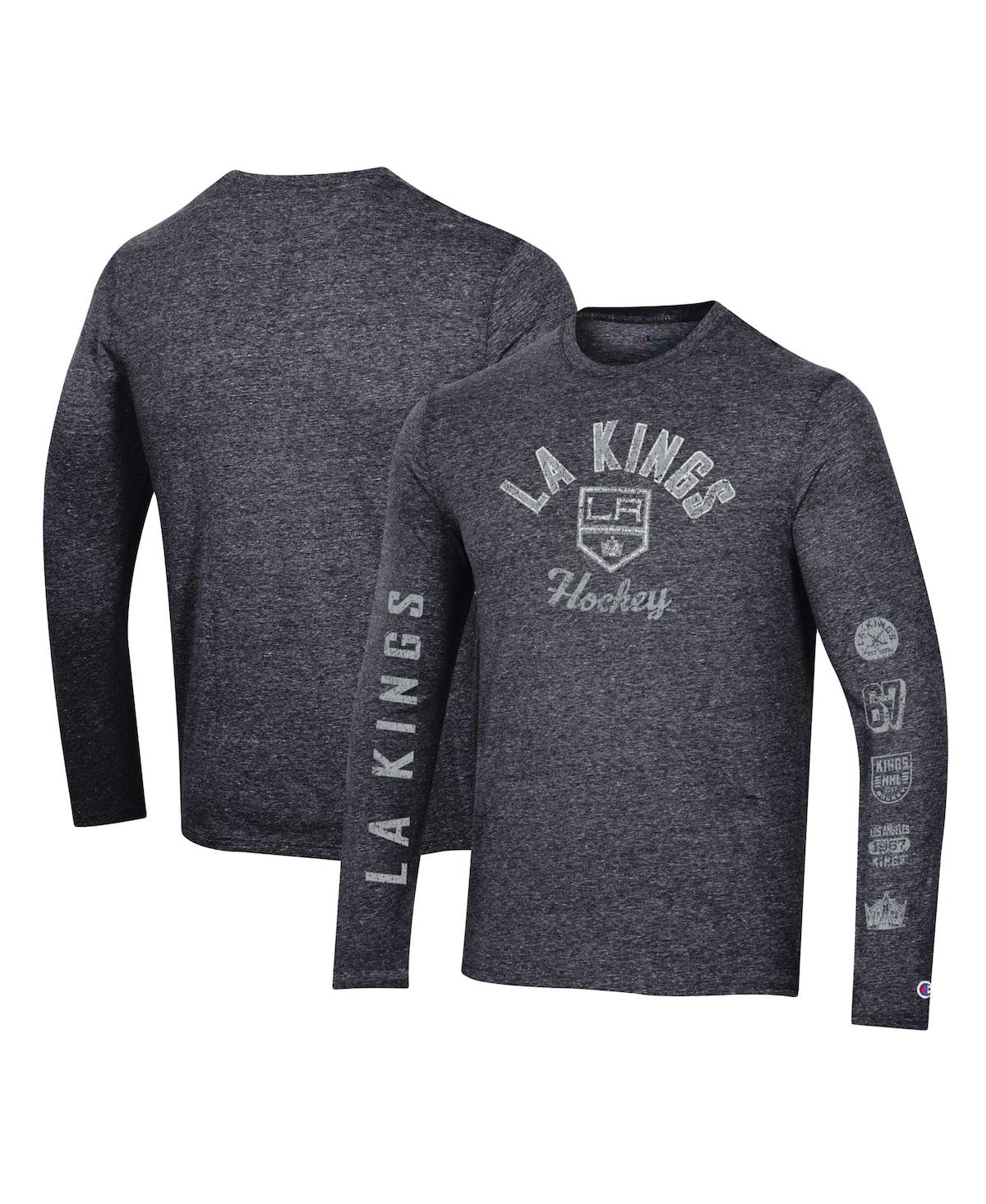 Men's Champion Heather Black Distressed Los Angeles Kings Multi-Logo Tri-Blend Long Sleeve T-shirt