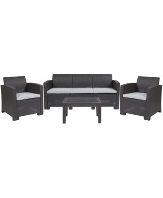 Vivian 4 Piece Faux Rattan Patio Furniture Set With 2 Chairs And Sofa With Removable Beige Cushions And Table