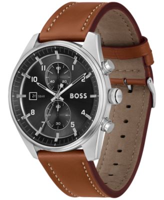 Men's Skytraveller Quartz Fashion Chrono Brown Leather Watch 44mm