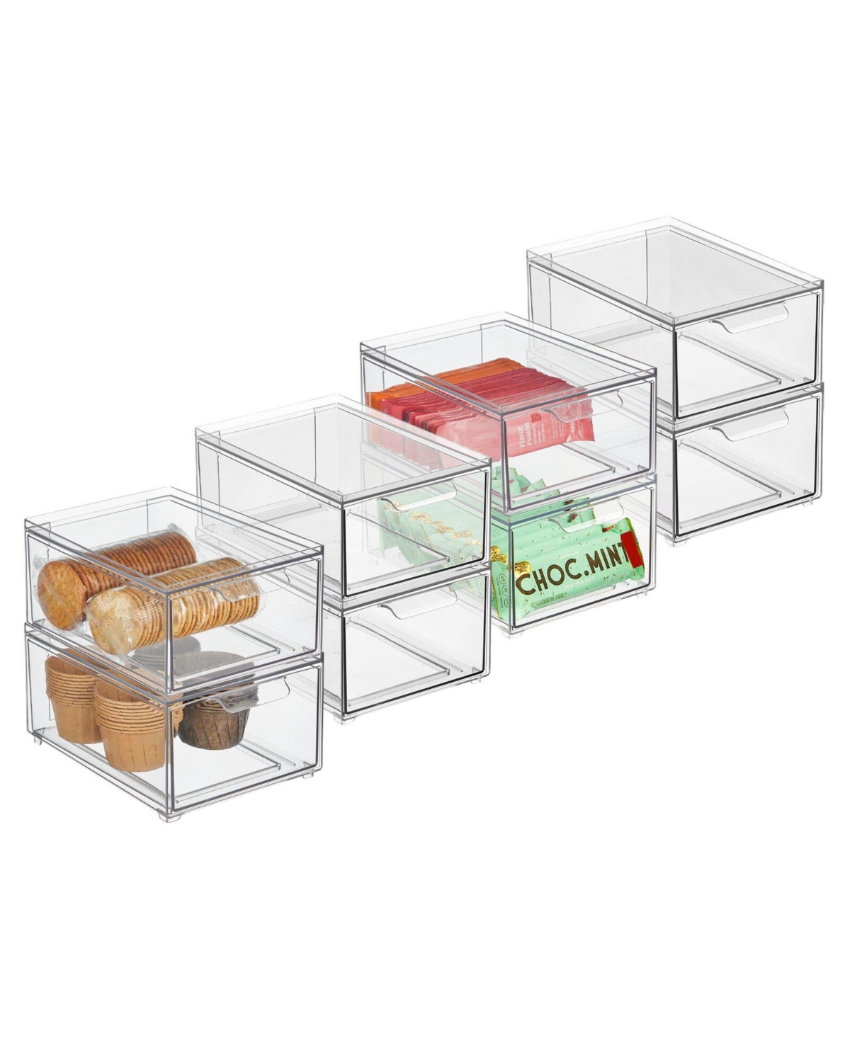 mDesign Stacking Plastic Storage Kitchen Bin with Pull-Out Drawer, 8 Pack,- Clear