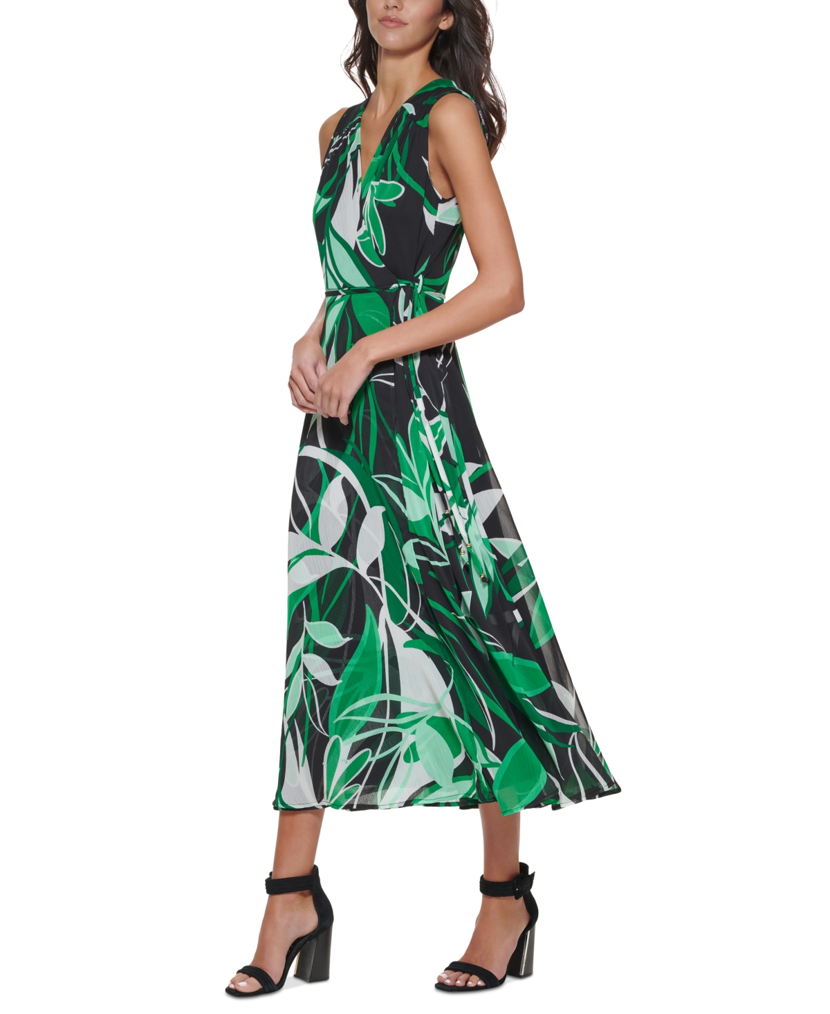 Shop Calvin Klein Petite Surplice-neck Sleeveless A-line Dress In Fern Multi