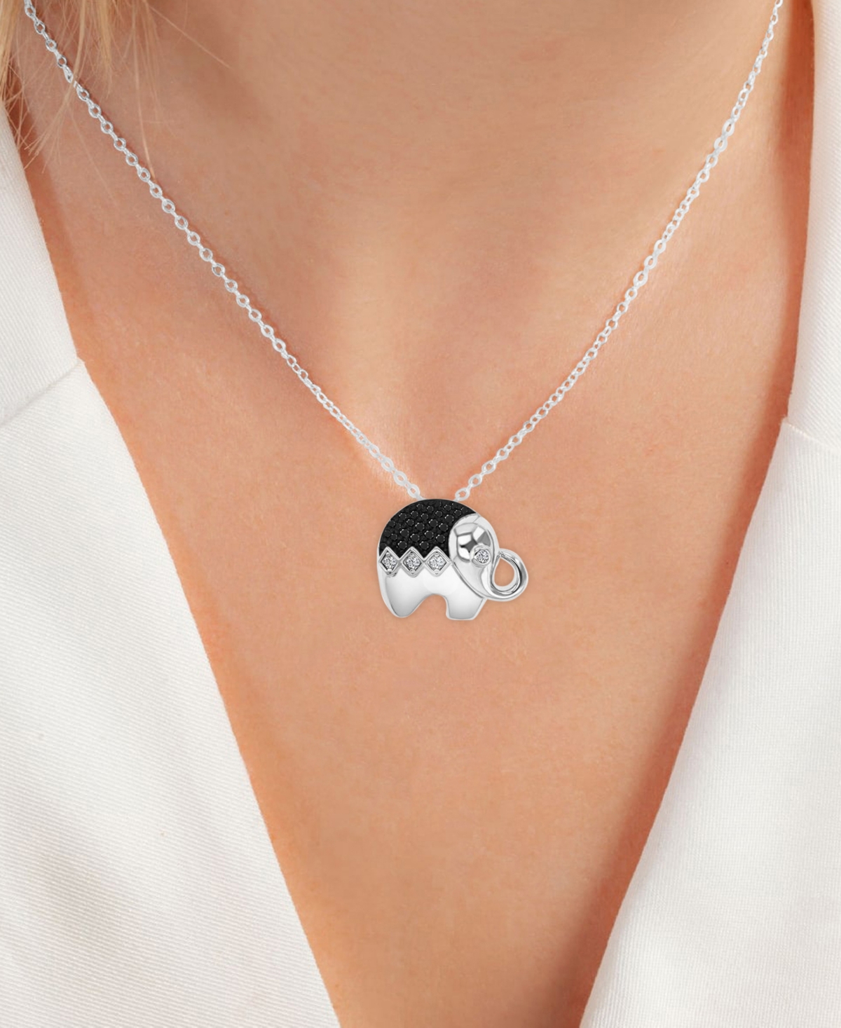 Shop Macy's Black Spinel (1/4 Ct. T.w.) & Lab-grown White Sapphire (1/8 Ct. T.w.) Elephant Pendant Necklace In S