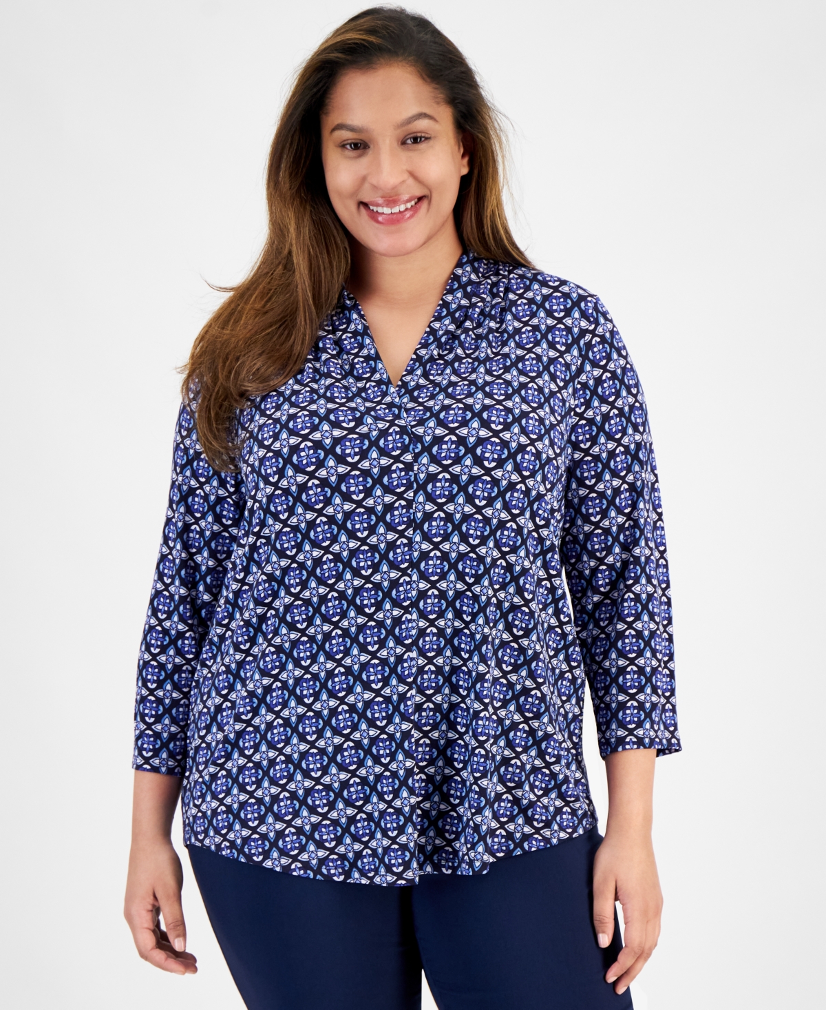 Plus Size V-Neck 3/4-Sleeve Top, Created for Macy's - Intrepid Blue Combo