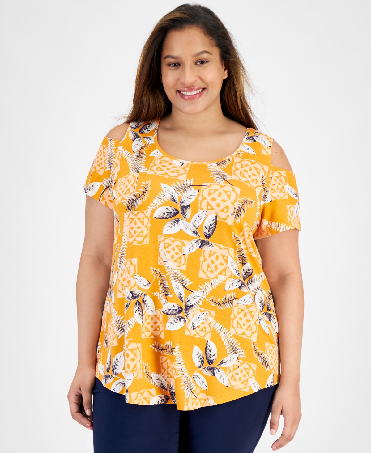 Plus Size Tropical Maze Cold-Shoulder Top, Created for Macy's - Sante Fe Sun Combo
