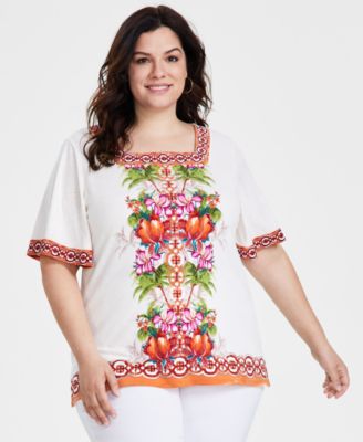 JM Collection - Plus Size Julia Jungle Square-Neck Top