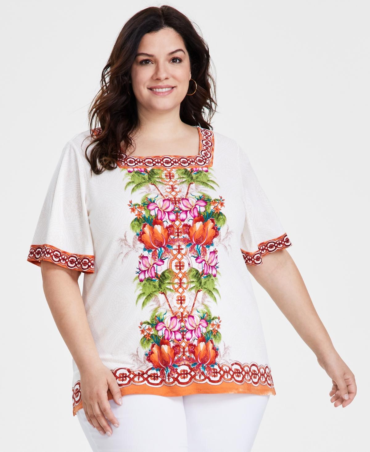 Plus Size Julia Jungle Square-Neck Top, Created for Macy's - Neo Natural Combo