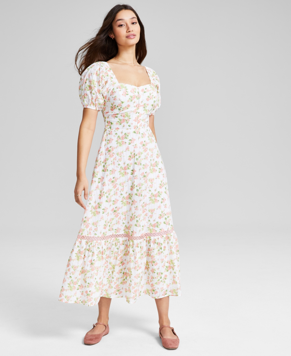 Women's Cotton Corset-Look Maxi Dress, Created for Macy's - Warm Peach Floral