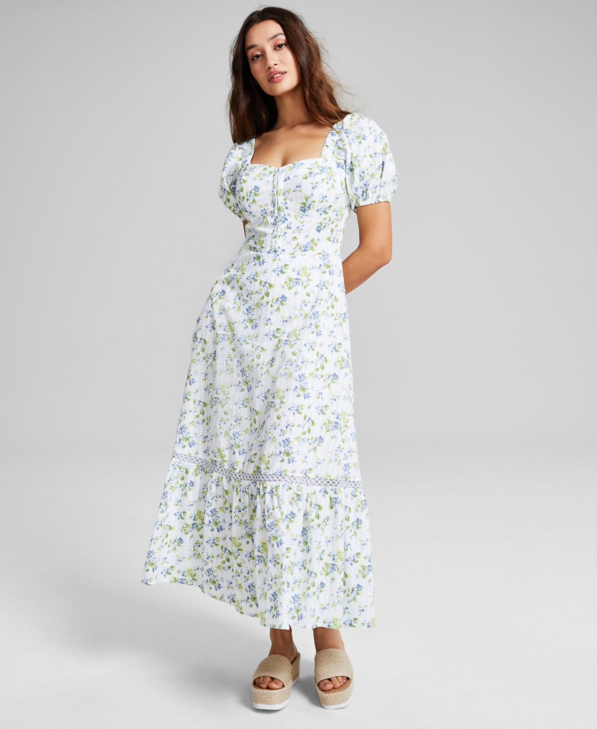 Shop And Now This Women's Cotton Corset-look Maxi Dress, Created For Macy's In Blue Floral