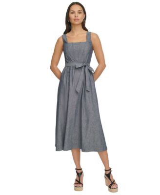 DKNY - Women's Chambray Square-Neck Sleeveless Midi Dress