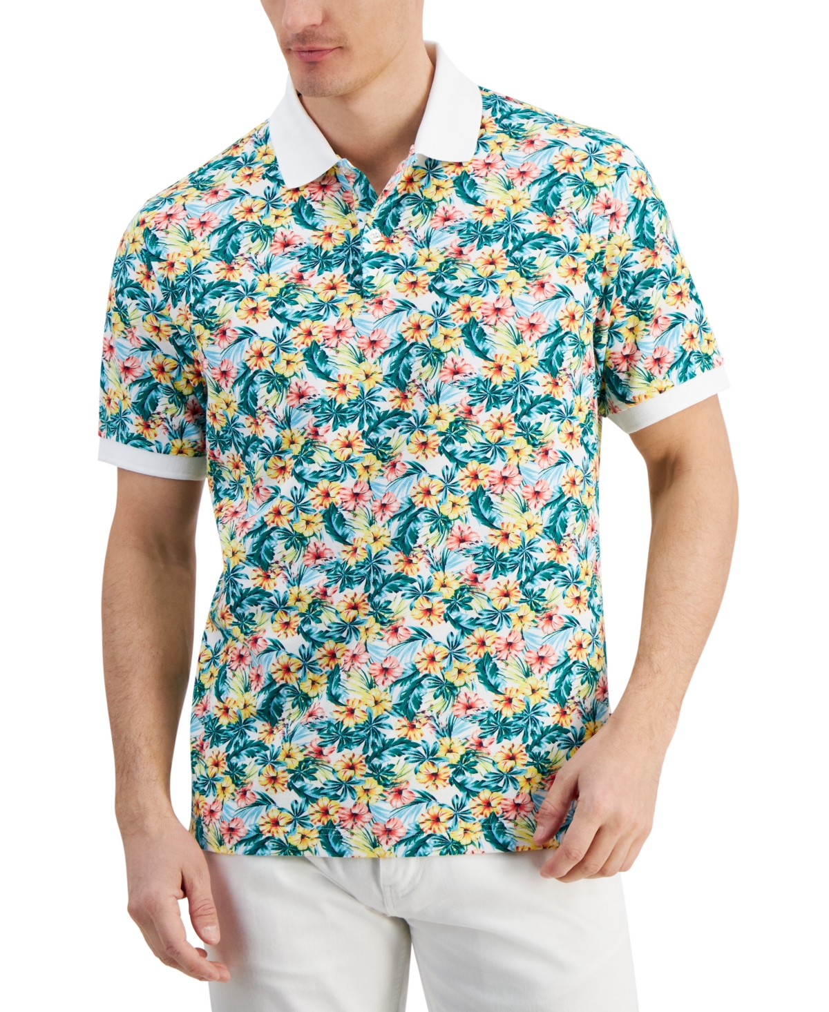 Men's Libra Textured Short Sleeve Floral Print Performance Polo Shirt, Created for Macy's - Bright White