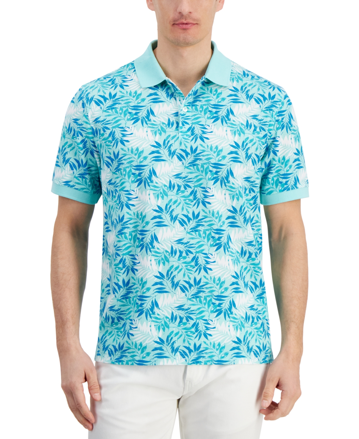 Men's Dello Textured Short Sleeve Leaf-Print Performance Polo Shirt, Created for Macy's - Sprint Mint