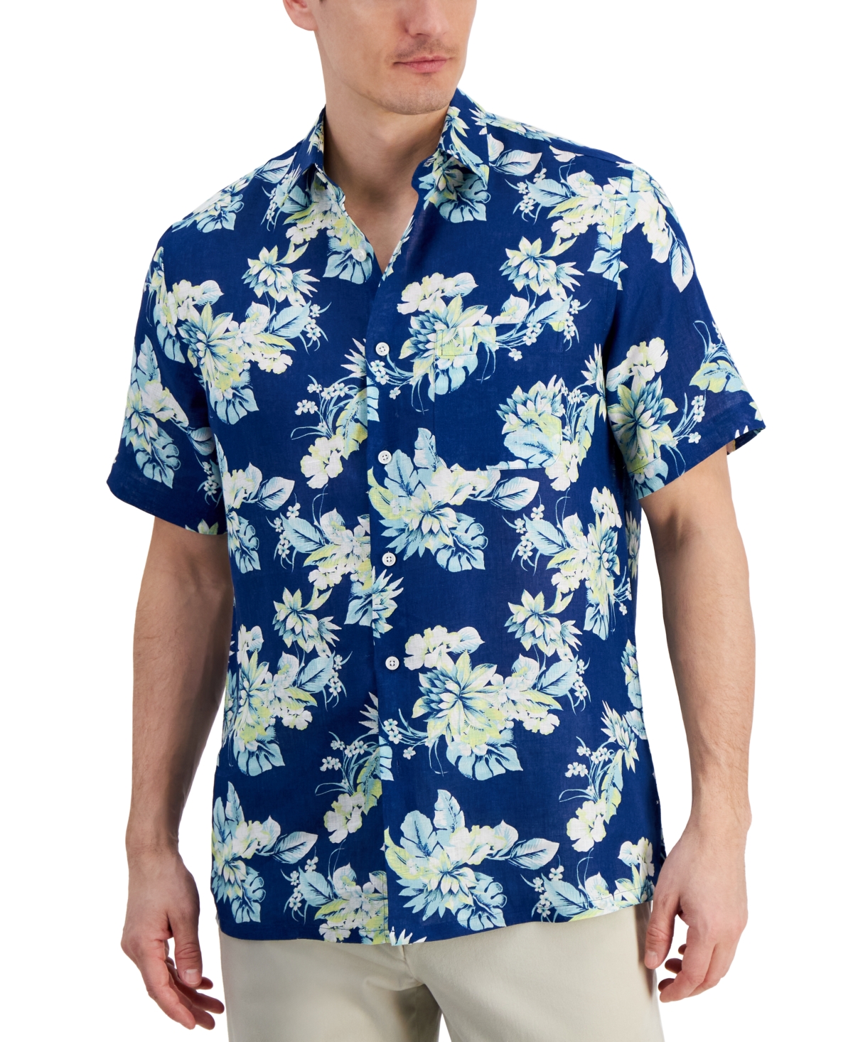 Men's Noche Floral-Print Short-Sleeve Linen Shirt, Created for Macy's - Navy Crush