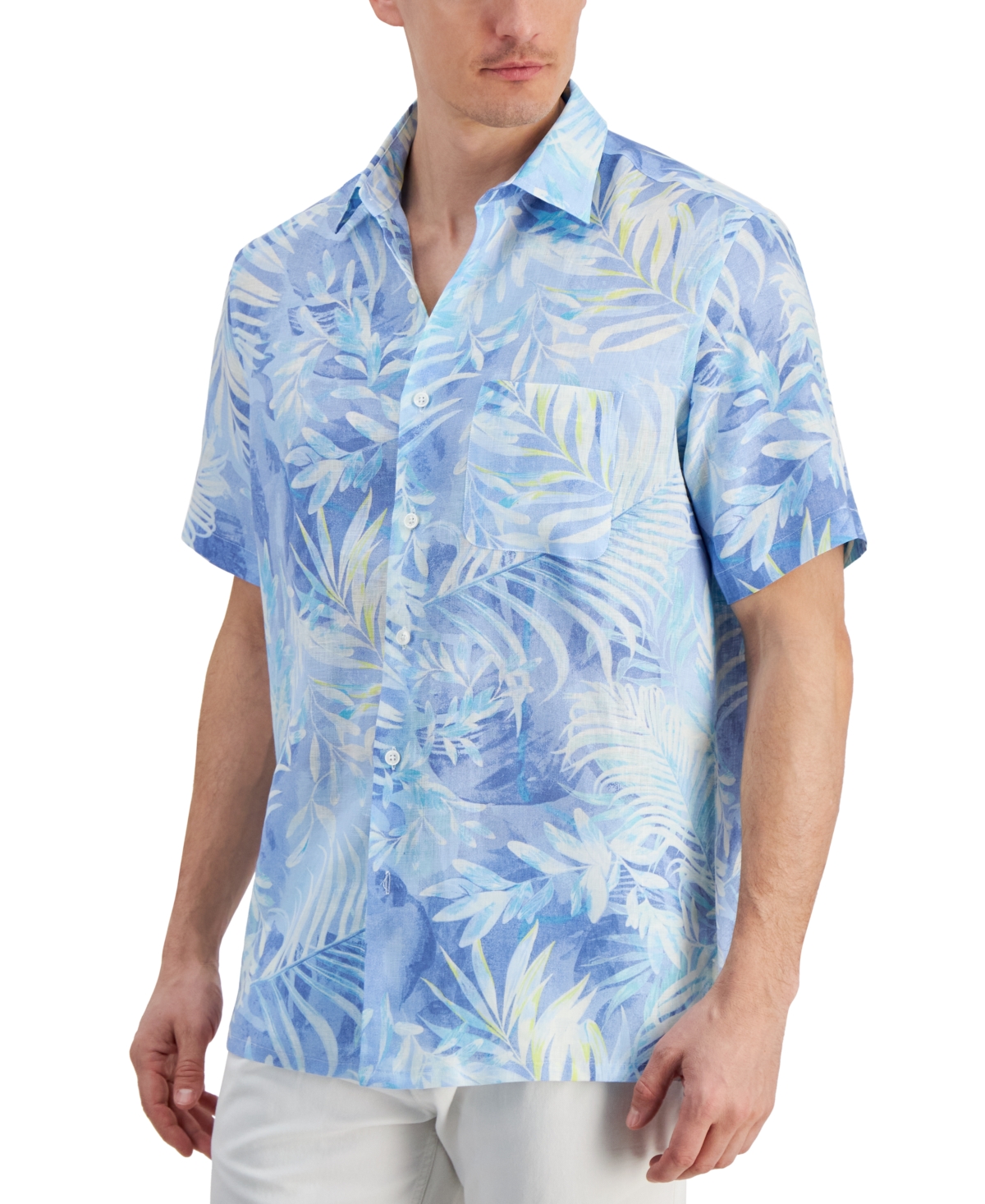 Men's Gado Leaf-Print Short-Sleeve Linen Shirt, Created for Macy's - Pale Ink Blue