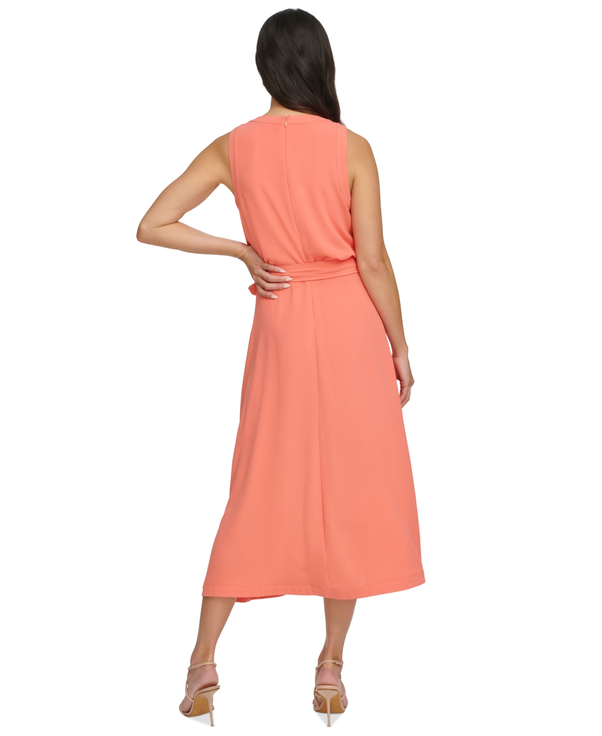 Shop Dkny Women's Faux-wrap Sleeveless Tie-waist Midi Dress In Orange