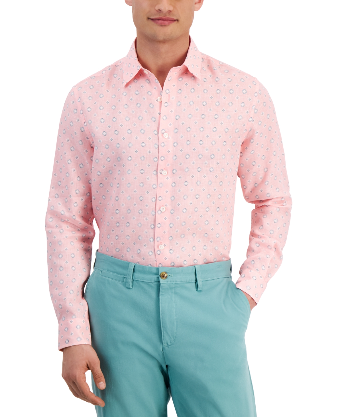 Men's Quincy Medallion-Print Linen Shirt, Created for Macy's - Pink Streak