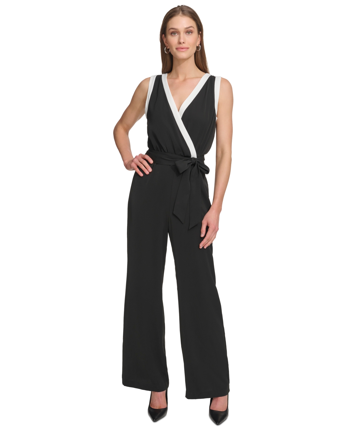 Dkny Women's V-neck Sleeveless Tie-waist Jumpsuit In Black,cream