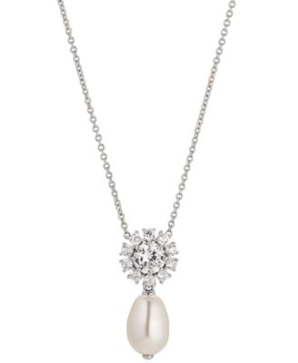 Eliot Danori - Rhodium-Plated Cubic Zirconia Flower & Imitation Pearl Pendant Necklace, 16" + 2" extender