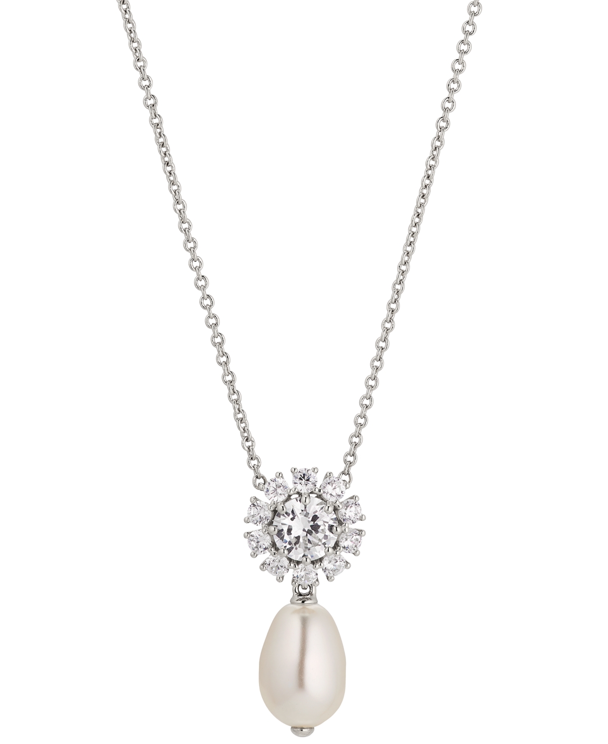Rhodium-Plated Cubic Zirconia Flower & Imitation Pearl Pendant Necklace, 16" + 2" extender, Created for Macy's - Rhodium
