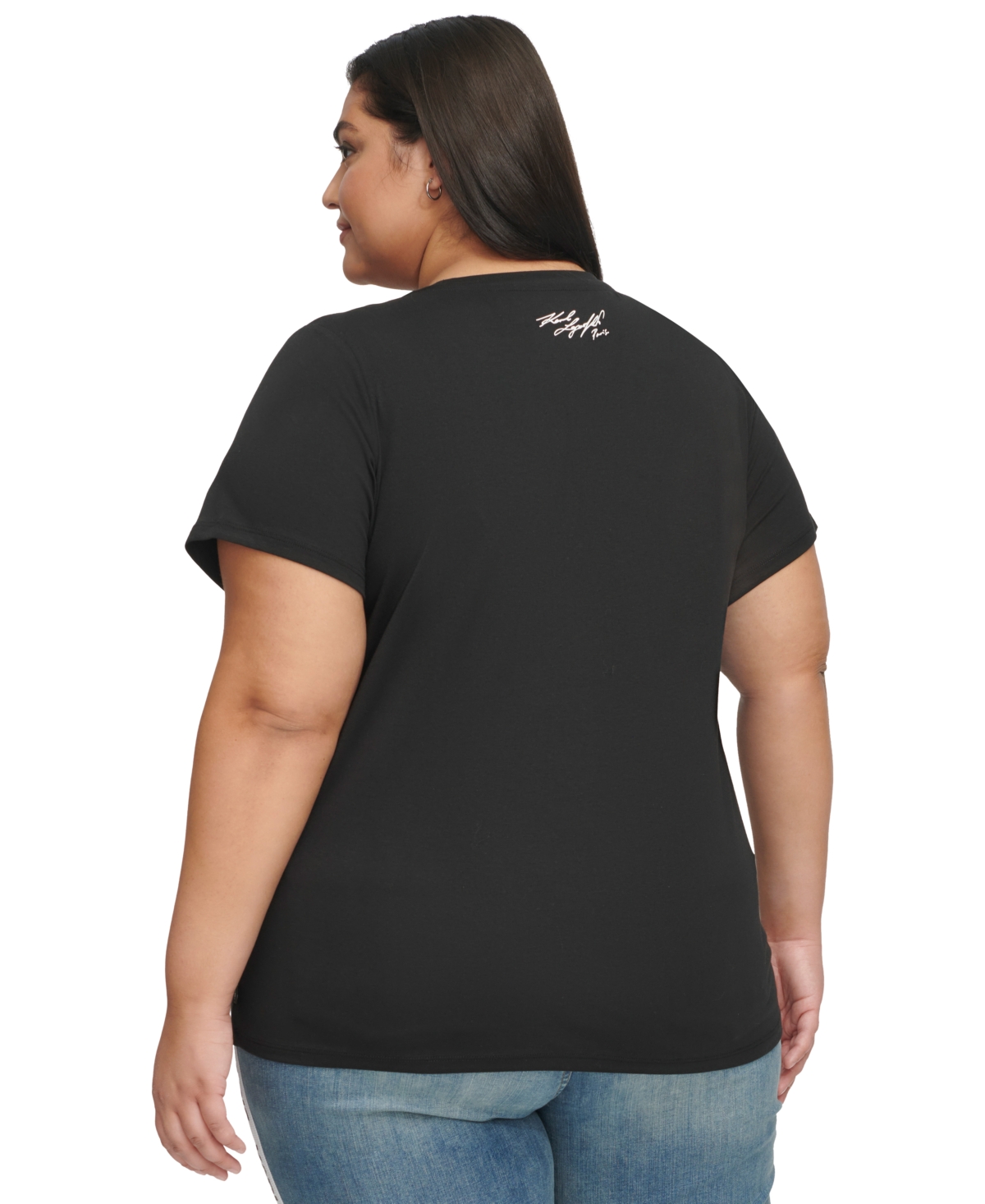 Karl Lagerfeld Paris Plus Size Imitation-Pearl-Logo Short-Sleeve Top, First@Macy's -Silver