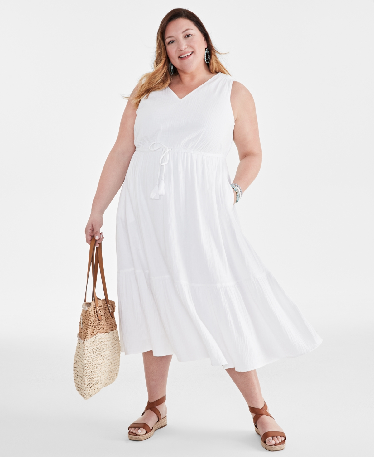 Plus Size Sleeveless Cotton Maxi Dress, Created for Macy's - Bright White