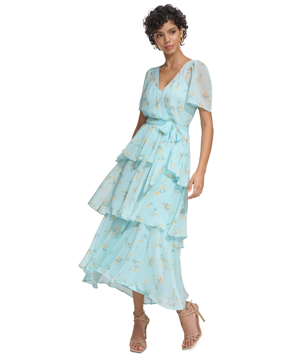 Shop Calvin Klein Women's Tiered Chiffon Midi Dress In Pale Aqua