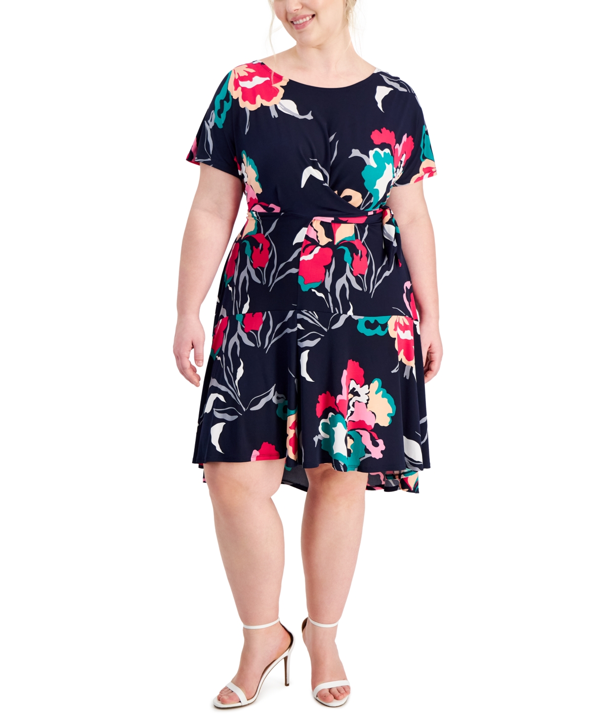 Plus Size Printed Tied-Side Fit & Flare Dress - Navy/pink/