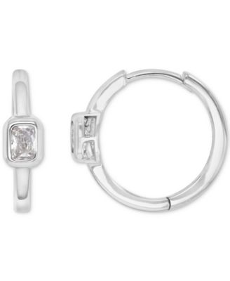 Cubic Zirconia Rectangular Bezel Polished Small Hoop Earrings, 0.61"