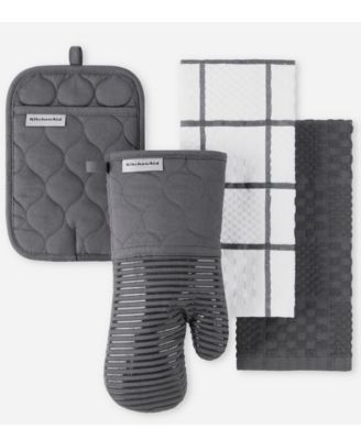 KitchenAid Quilted Cotton Terry Cloth Kitchen Towel, Oven Mitt, Potholder 4-Pack Set - Charcoal Gray