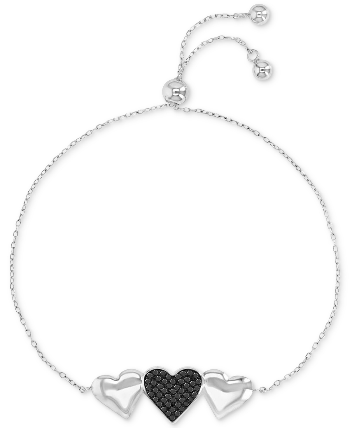Shop Macy's Black Spinel & Polished Hearts Chain Link Bolo Bracelet (3/8 Ct. T.w.) In Sterling Silver