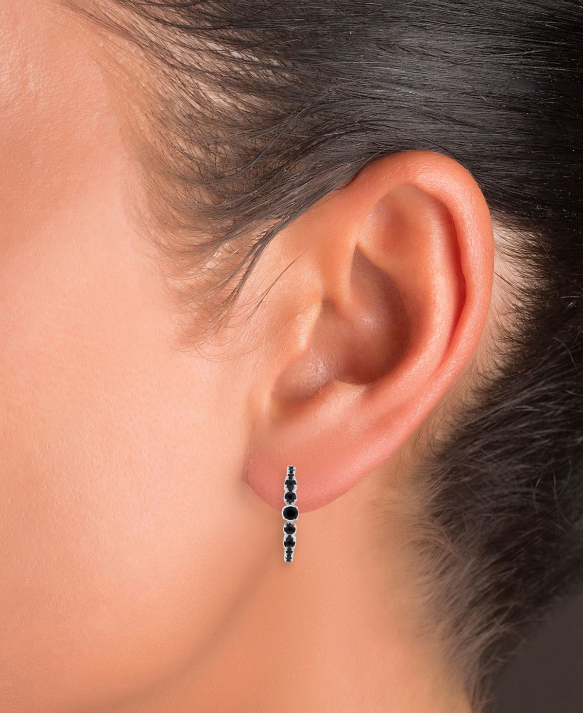 Shop Macy's Black Spinel Graduated Small Hoop Earrings (1-3/8 Ct. T.w.) In Sterling Silver, 0.79"