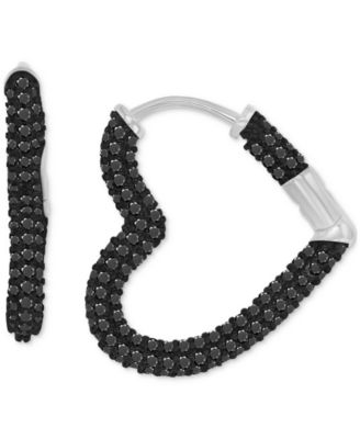 Macy's - Black Spinel Heart Small Hoop Earrings (2-1/2 ct. t.w.) in Sterling Silver, 0.87"