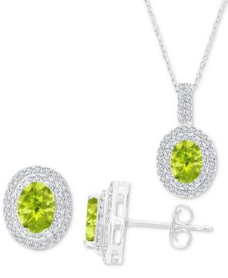 Macy's - 2-Pc. Set Peridot (2-1/6 ct. t.w.) & Lab-Grown White Sapphire (1-1/10 ct. t.w.) Oval Halo Pendant Necklace & Matching Stud Earrings in Sterling Silver