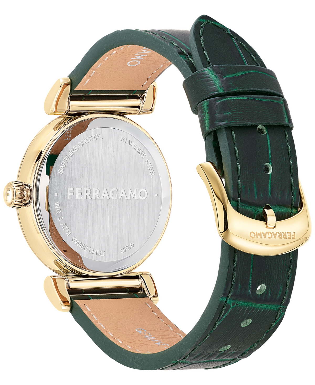 Shop Ferragamo Salvatore  Women's Swiss Green Leather Strap Watch 36mm In Gold