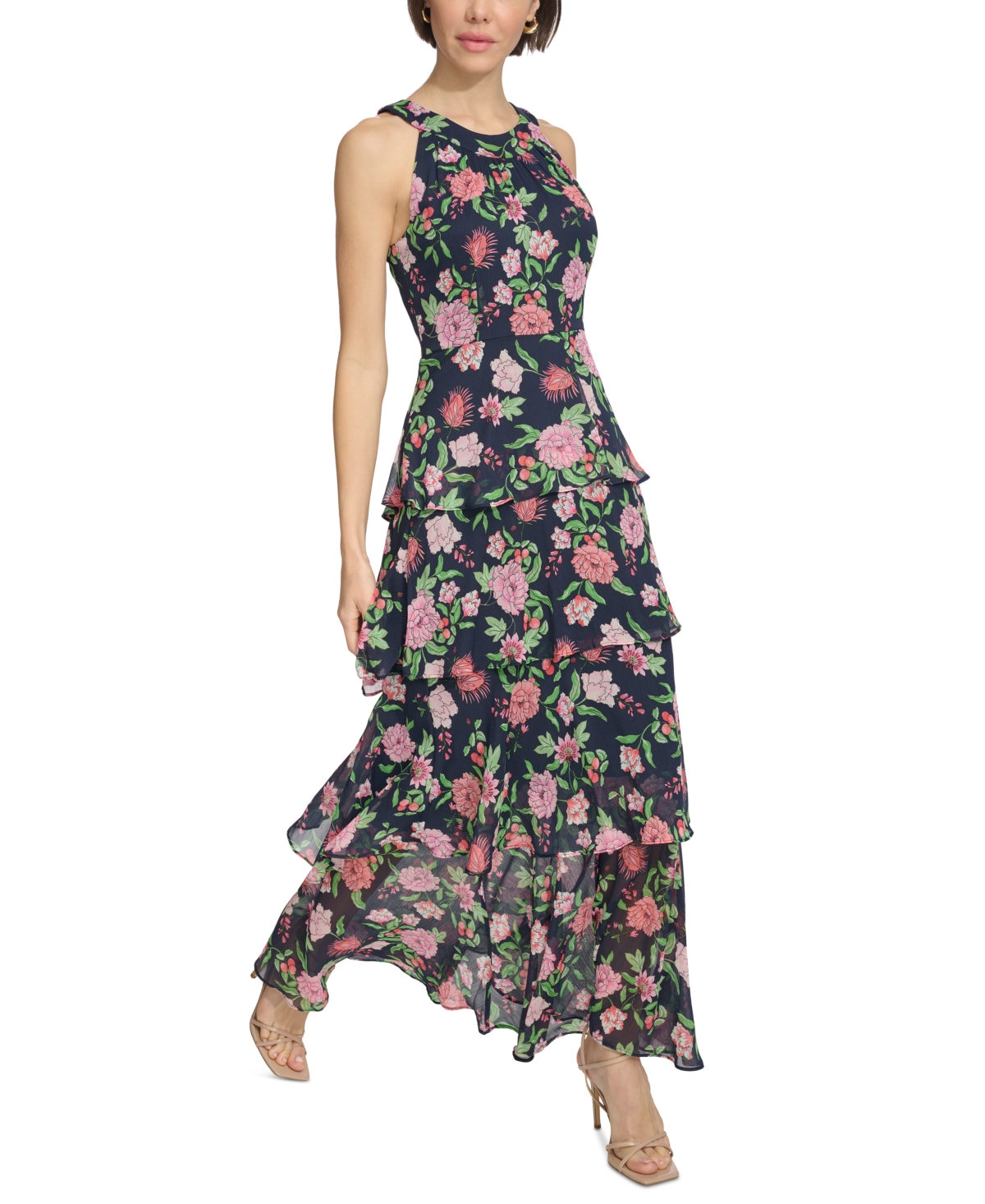 Shop Tommy Hilfiger Women's Floral-print Ruffled Maxi Dress In Sky Captain Multi