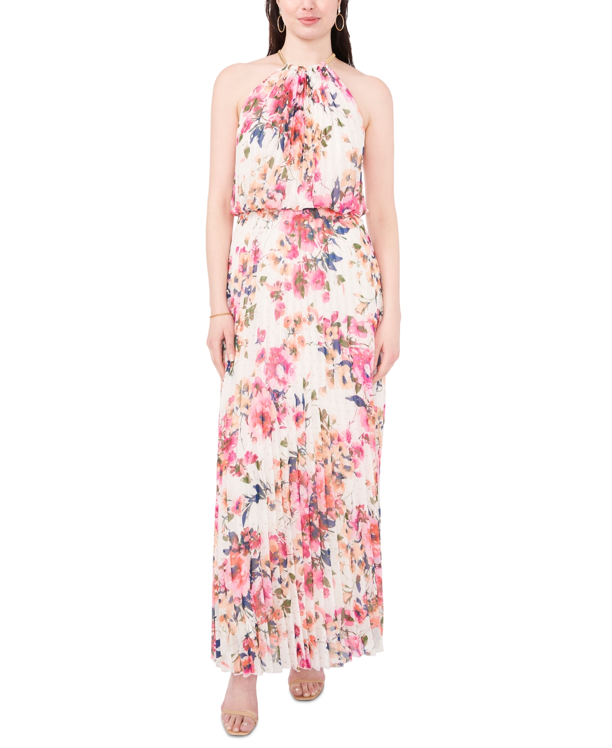 Floral Print Pleated Dress - White/Pink/Peach