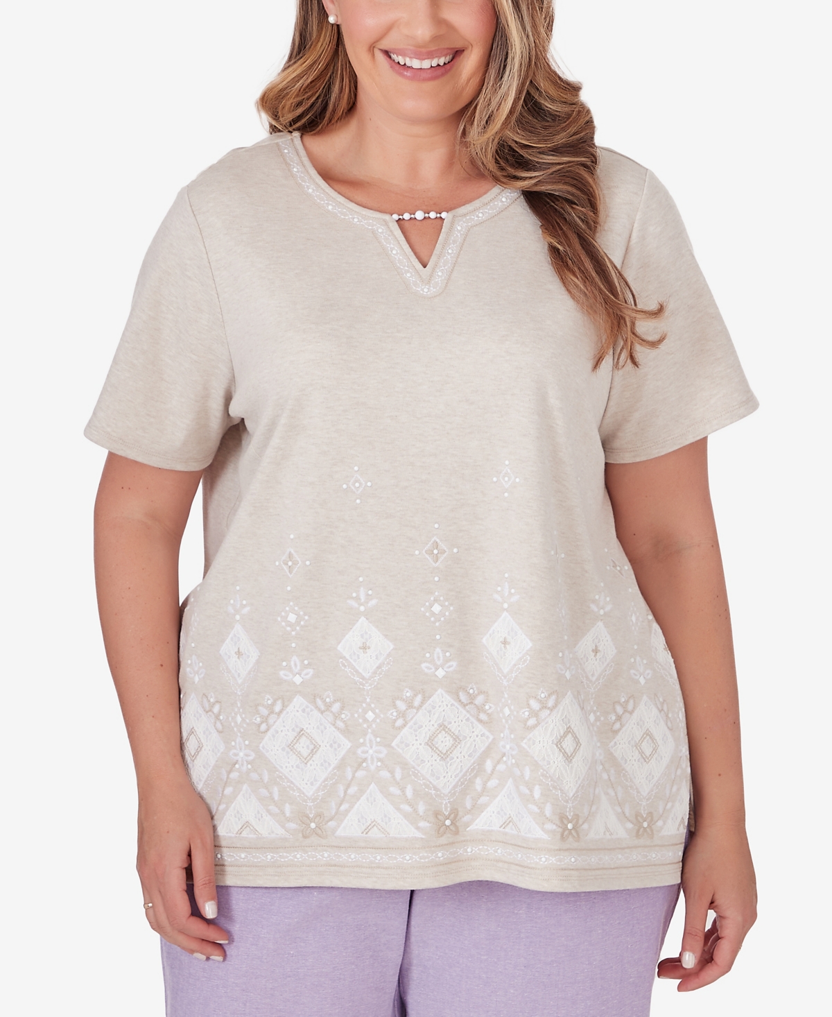 Shop Alfred Dunner Plus Size Garden Party Embroidered Diamond Border Top In Oatmeal Heather