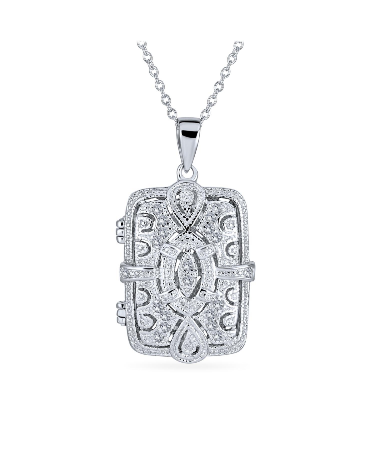 Traditional Filigree Infinity Rectangle Essential Oil Perfume Diffuser Victorian Locket Pendant Necklace For Women .925 Sterling Silver - Clear