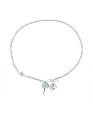 CZ Accent Heart Dangle Charm Lock Key Anklet Double Chain Ankle Bracelet Sterling Silver Adjustable 9 To 10 Inch With Extender