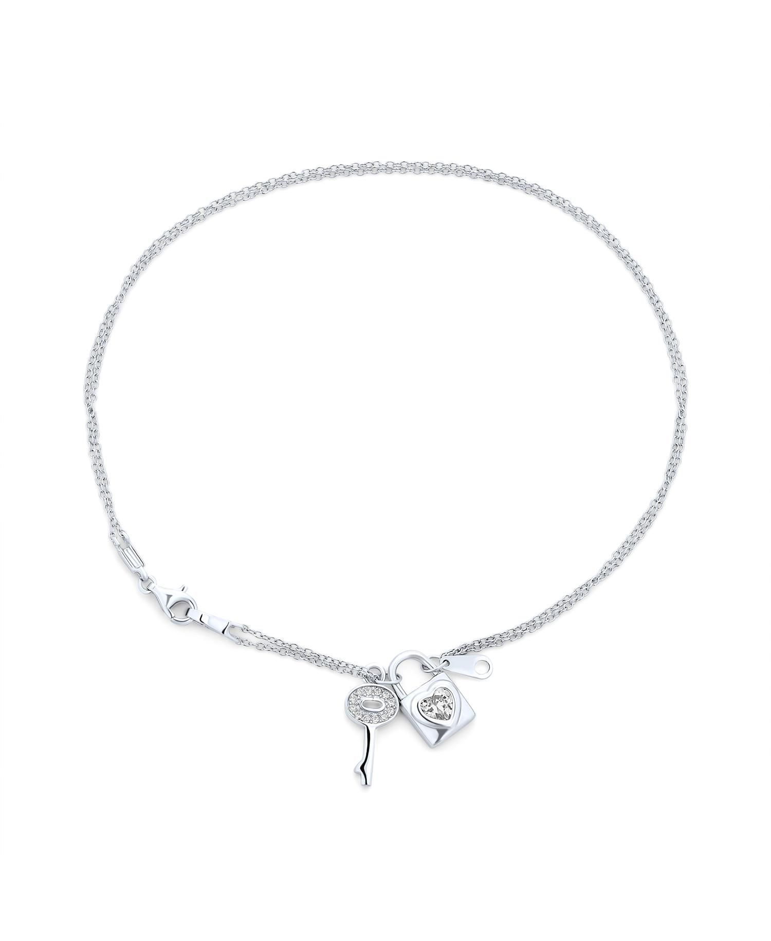 Romantic Key to Her Heart, Lock, Key Charm Anklet Double Strand Ankle Bracelet .925 Sterling Silver